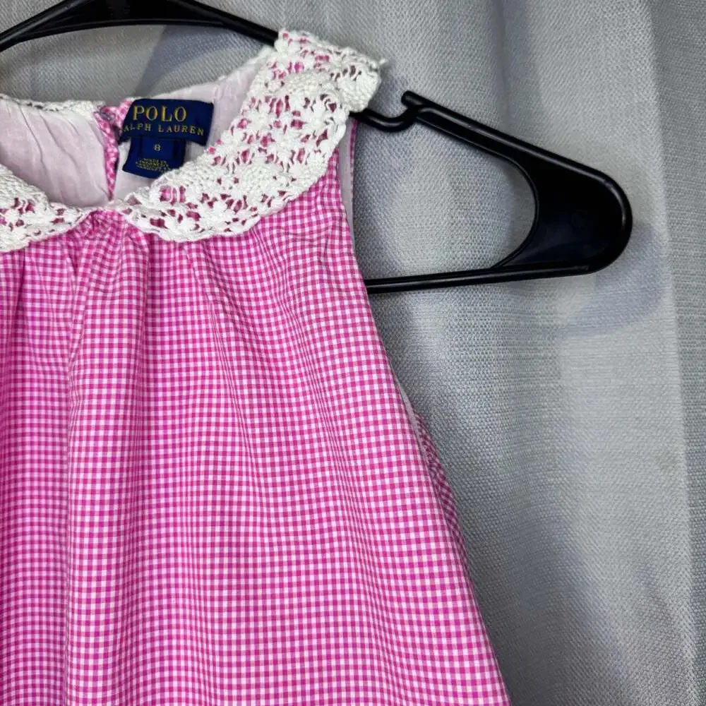 Polo Ralph Lauren Girls Pink Gingham Sleeveless Swing Dress with Lace Collar